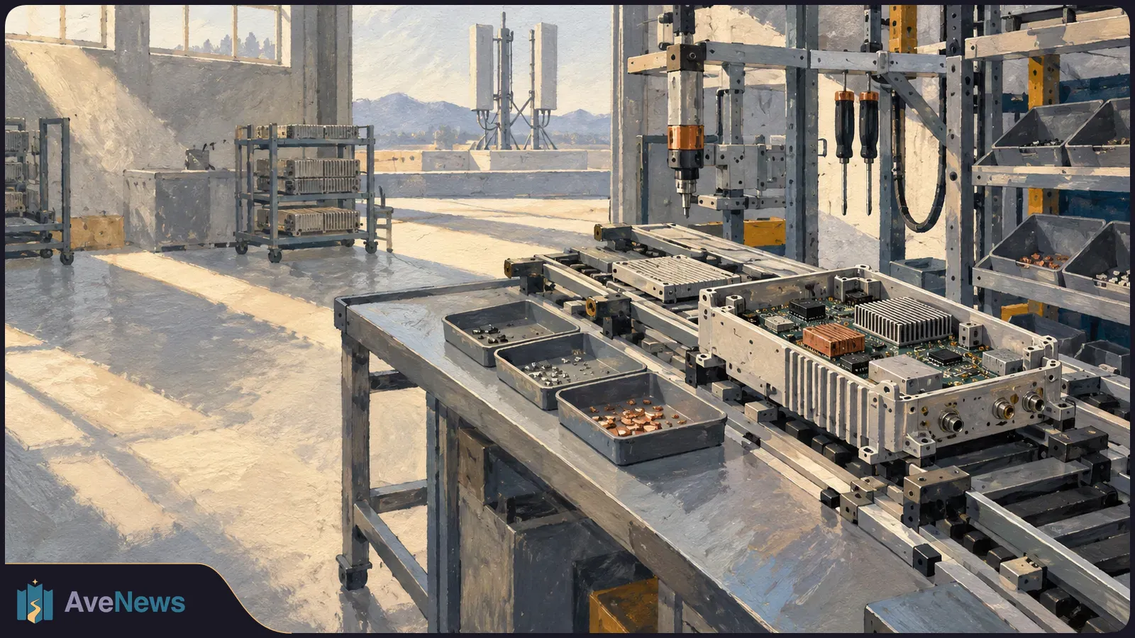 Painted illustration of a telecom equipment assembly bench with circuit boards, metal housings and trays of components; antenna towers stand outside the workshop. SI illustration