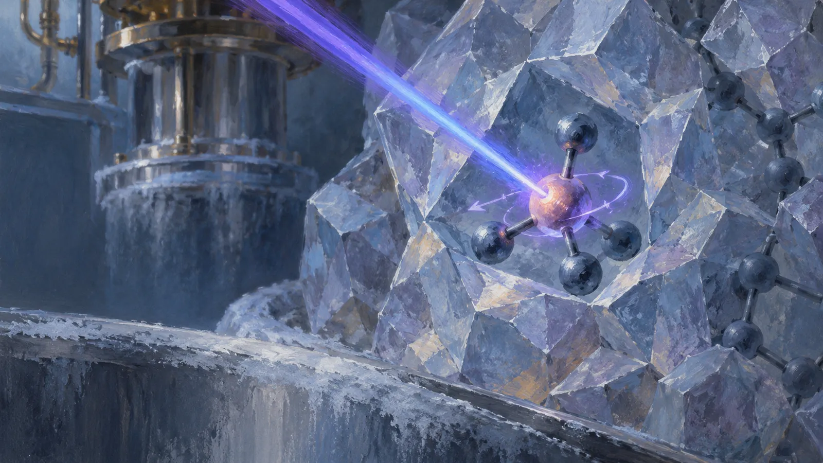 A blue-violet beam strikes a glowing ball-and-stick structure within a faceted crystal, beside frost-covered laboratory equipment. SI illustration