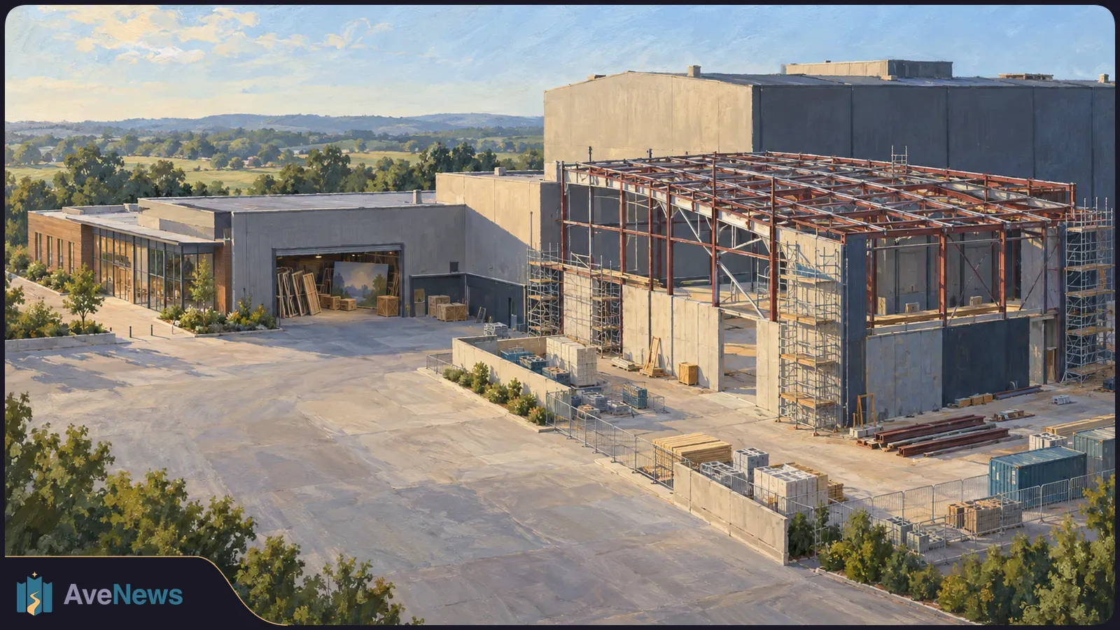 Painted aerial view of a large building complex with a steel-framed extension under construction, scaffolding, stacked materials and an empty paved yard. SI illustration