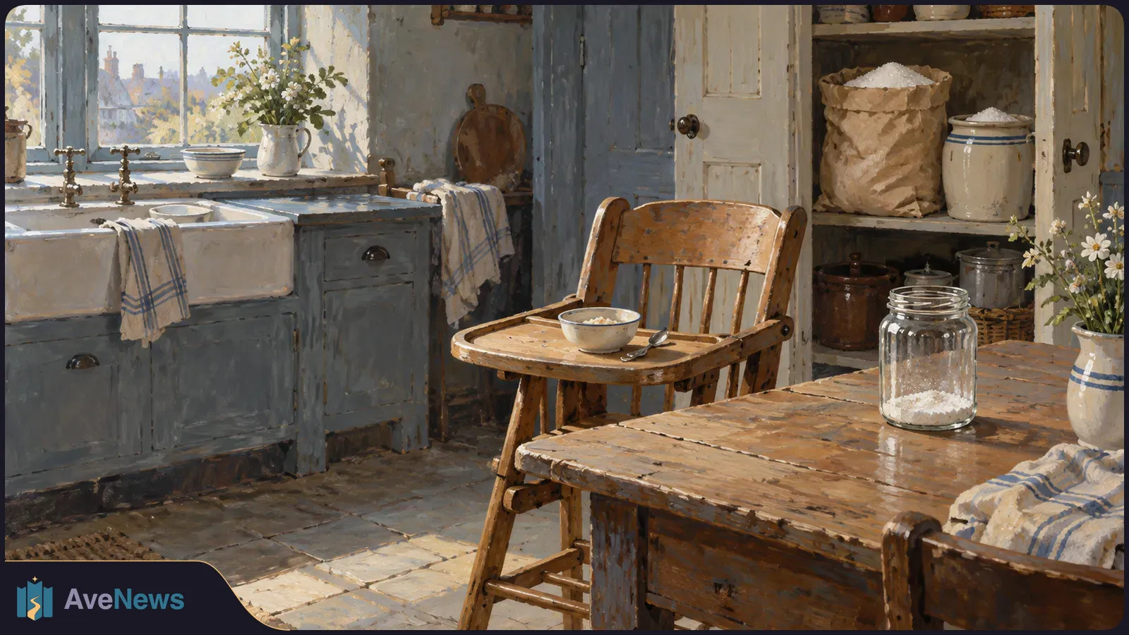 A painted, sunlit kitchen with a wooden high chair holding a small bowl and spoon. A glass jar of white granules sits on the nearby table, and a paper sack rests on a shelf. SI illustration
