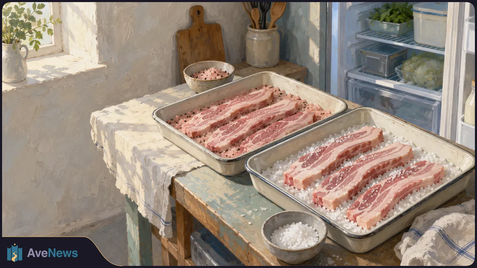A painted kitchen scene shows two trays of raw bacon strips, one on coarse white salt and the other on a pink, pepper-speckled mixture, beside an open refrigerator. SI illustration