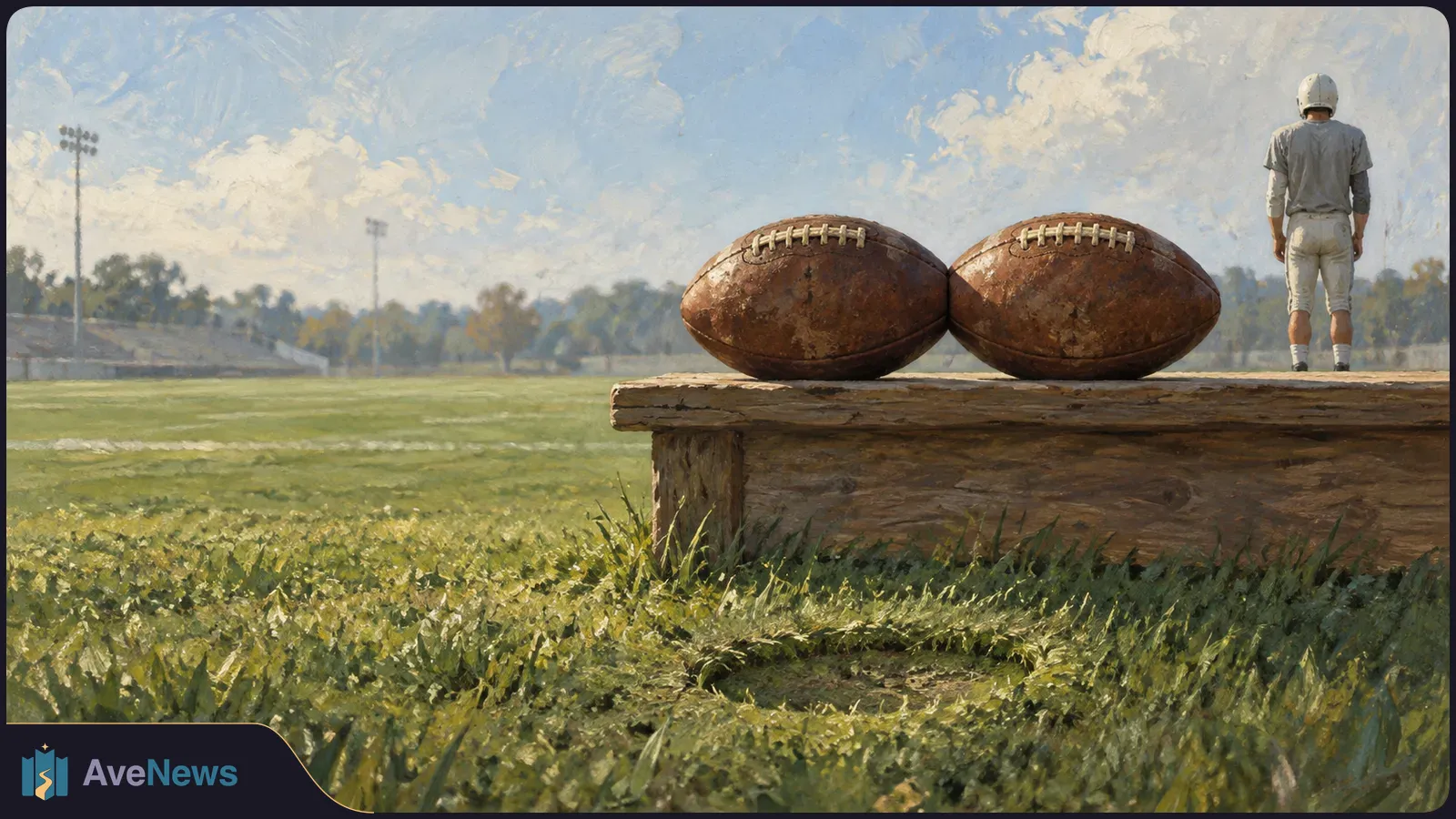 Two worn American footballs rest on a wooden bench beside a grassy field. A helmeted player stands in the distance with their back to the viewer. SI illustration