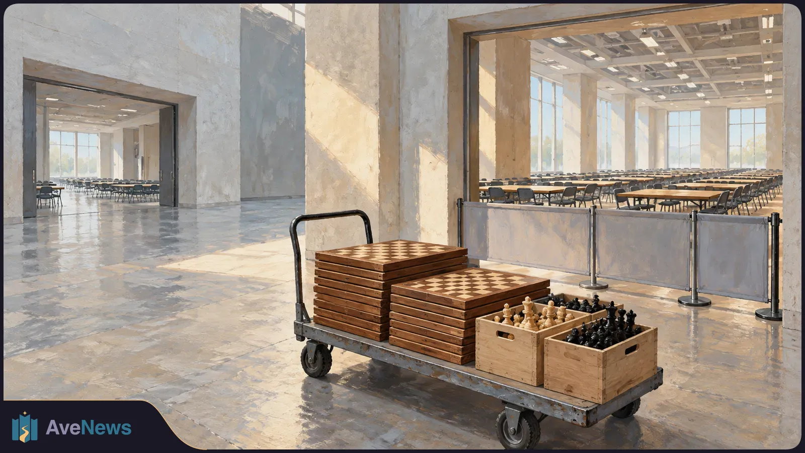 A cart stacked with chessboards and boxes of pieces stands in a sunlit hall beside large rooms filled with empty tables and chairs. SI illustration