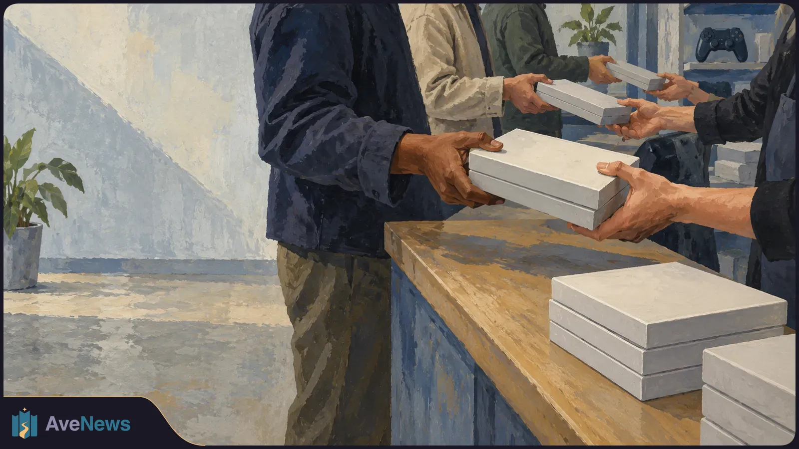 Illustration of people handing plain white game boxes across a shop counter, with more boxes stacked nearby and a game controller on a shelf. SI illustration