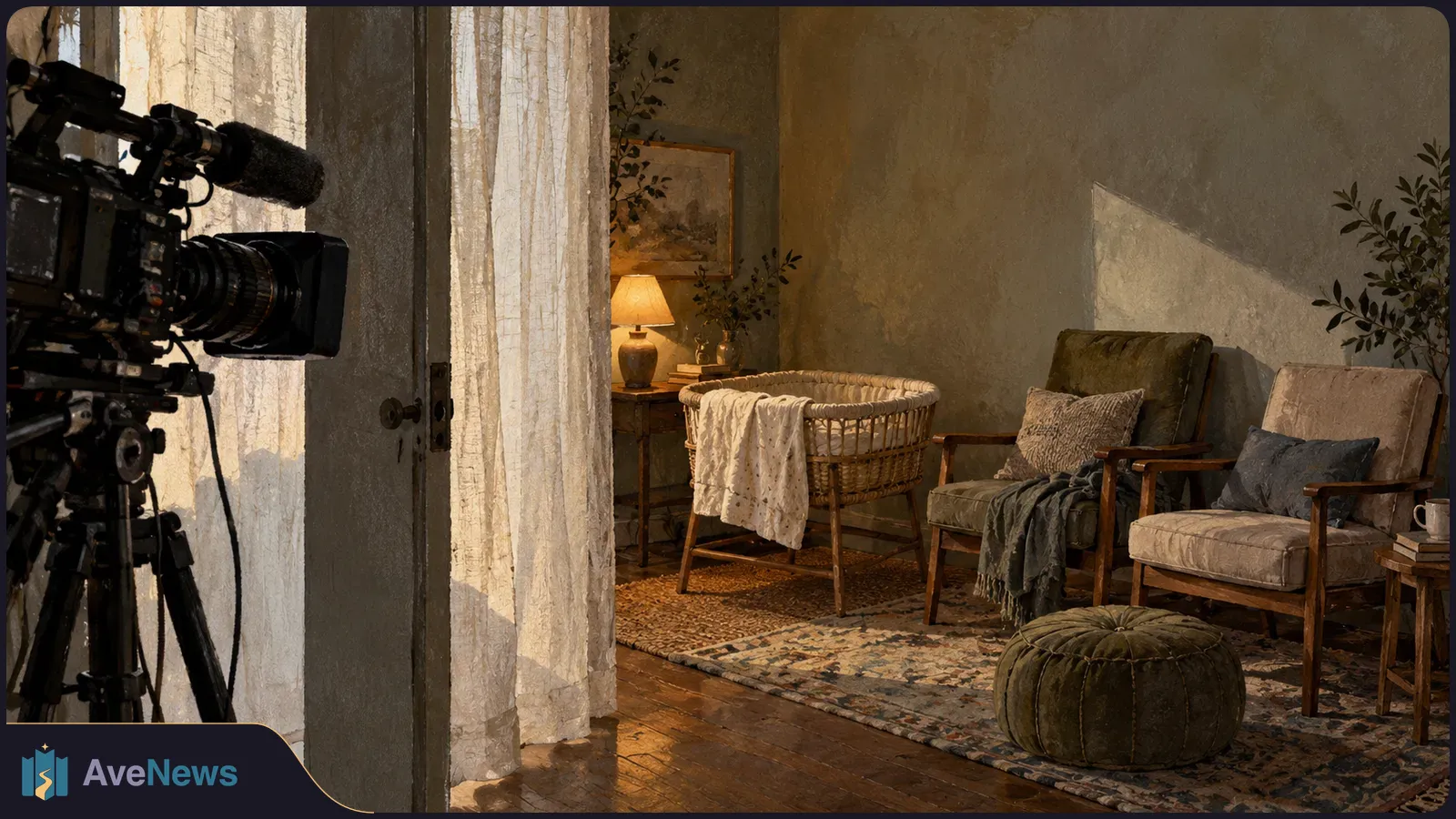 A film camera faces a warmly lit room with an empty wicker bassinet, two armchairs and a round floor cushion. SI illustration