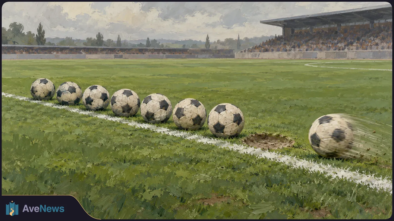 In a painted soccer stadium, seven balls line a white field marking while an eighth rolls past on the right. Spectators fill the stands beneath a cloudy sky. SI illustration