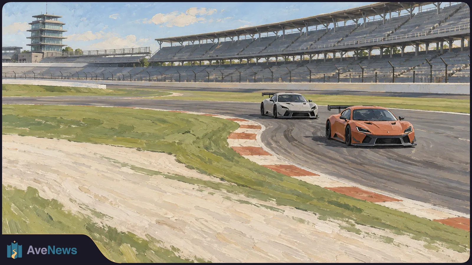 Painterly view of an orange race car leading a white race car around a track bend, with empty grandstands and a tower behind them. SI illustration