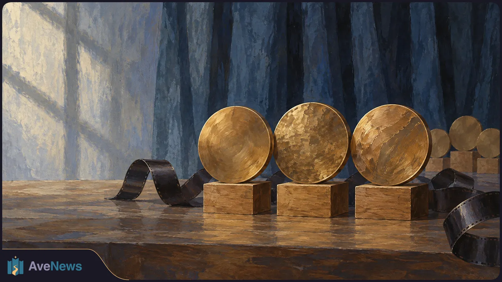 Painted scene of three round gold awards on wooden blocks, with curling film strips on a wooden surface before dark blue curtains. SI illustration