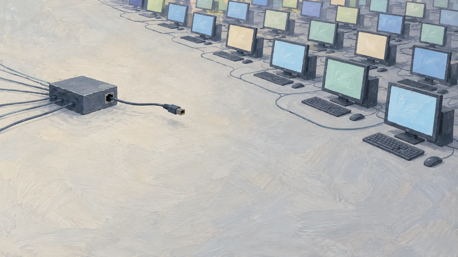 A painted illustration shows rows of desktop computers with pastel screens and a small wired box with a loose cable in the foreground. SI illustration