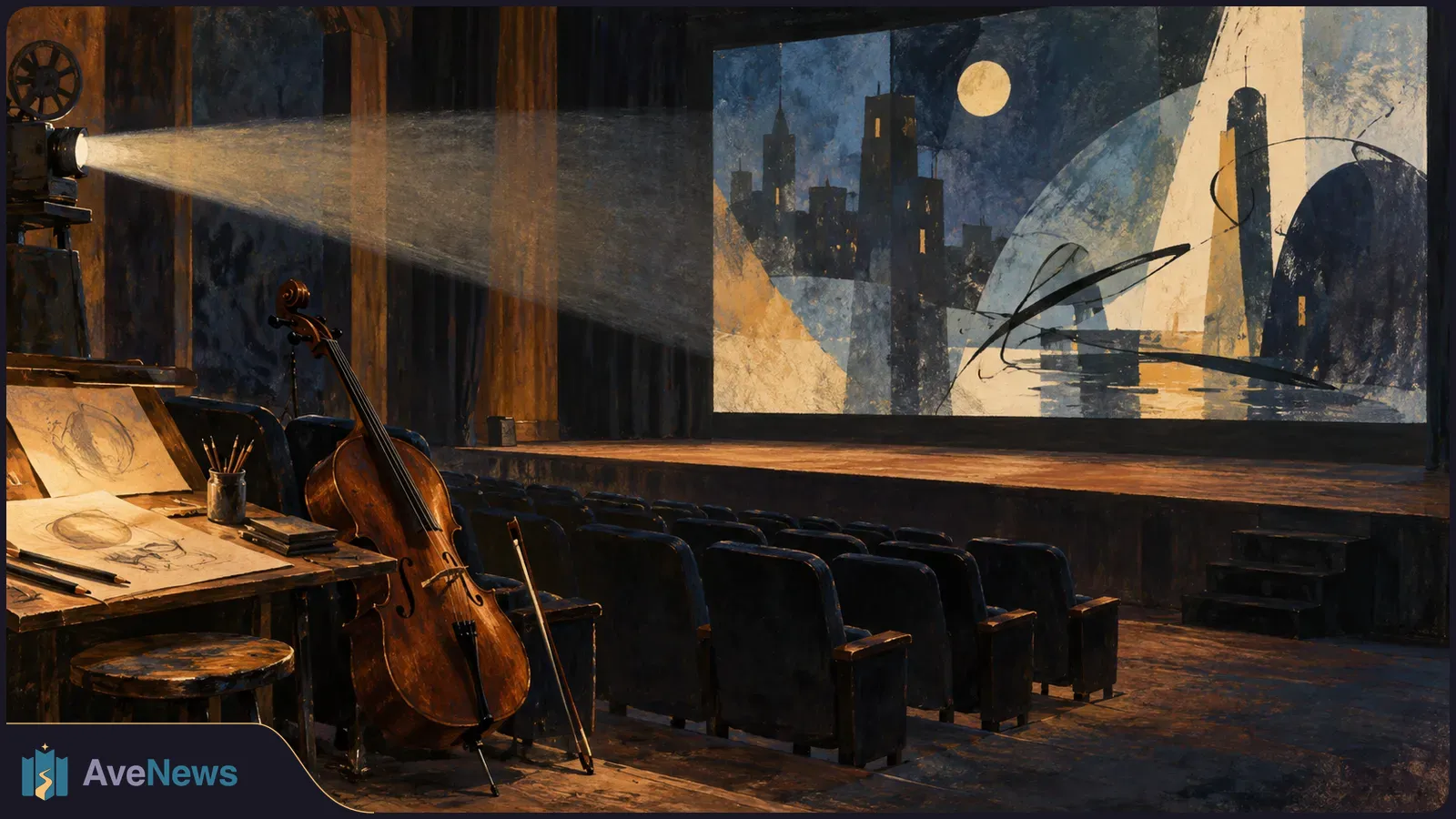 In a dim cinema, a projector beams toward a screen showing a moonlit cityscape. A cello, bow and sketches sit beside rows of empty seats. SI illustration