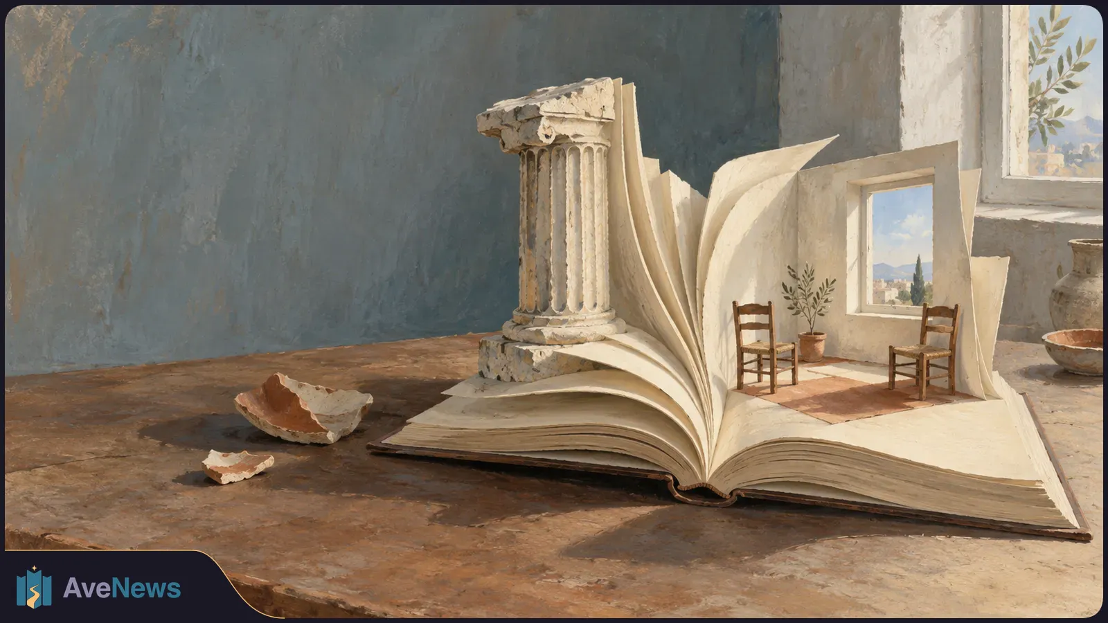 A painted open book on a stone table becomes a miniature room with two chairs and a window, beside a classical column. SI illustration