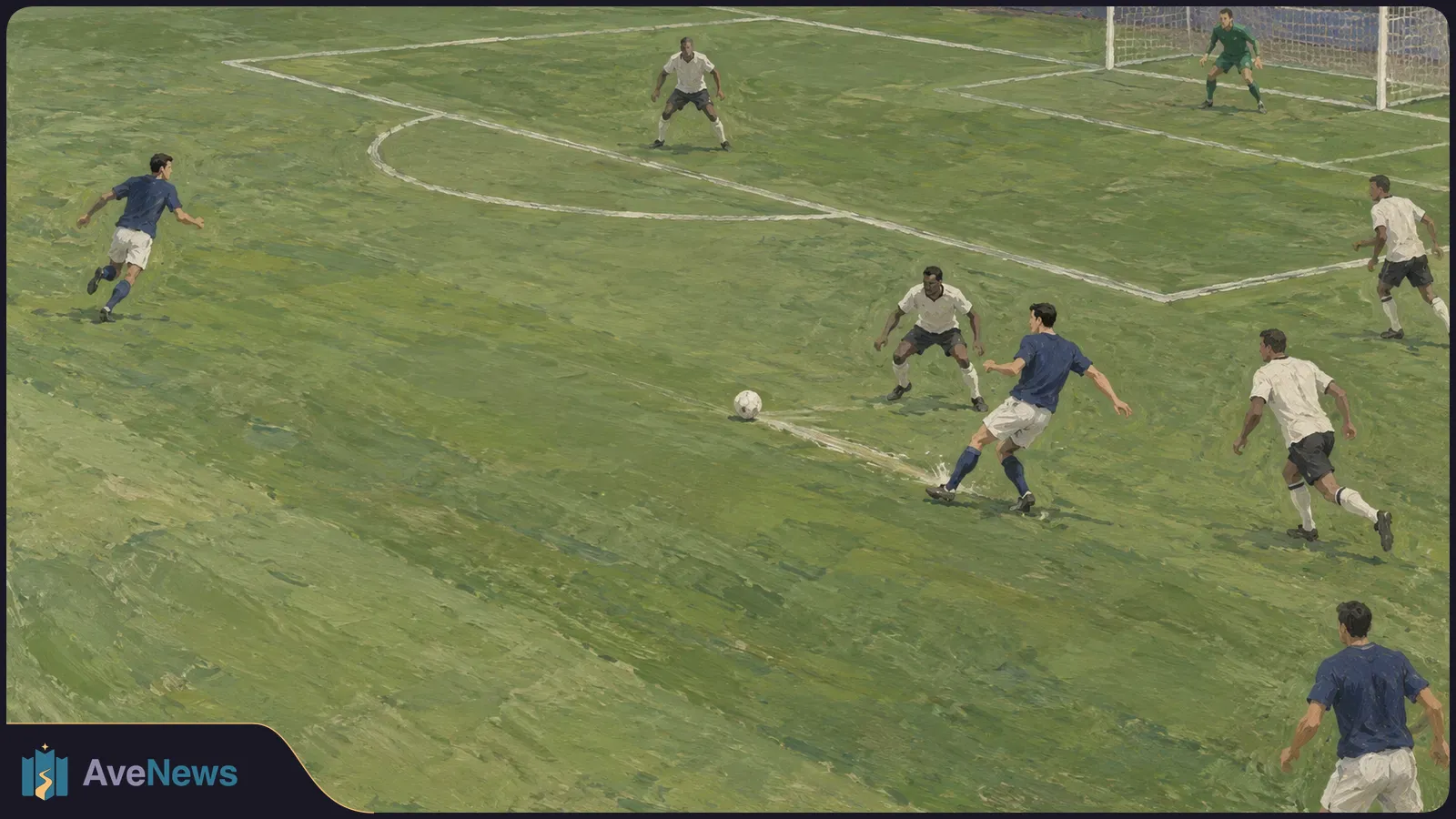 A painted football scene: a blue-shirted player passes toward a teammate on the left as white-shirted defenders close in near the penalty area and a goalkeeper guards the goal. SI illustration