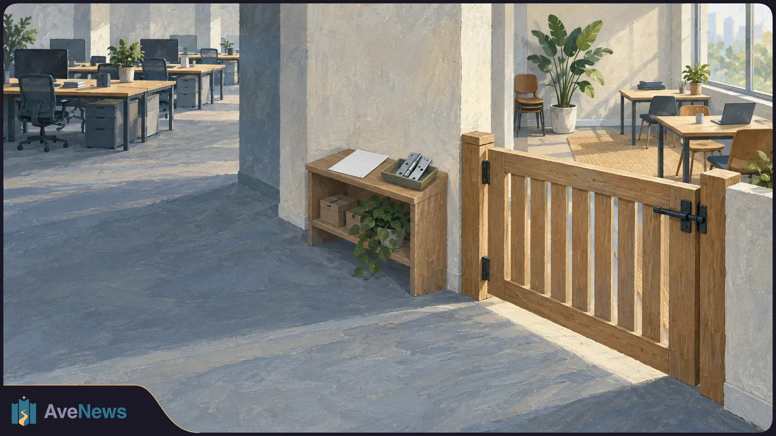 A painted, sunlit office with desks and computers on one side and a smaller work area behind a latched wooden gate on the other. SI illustration