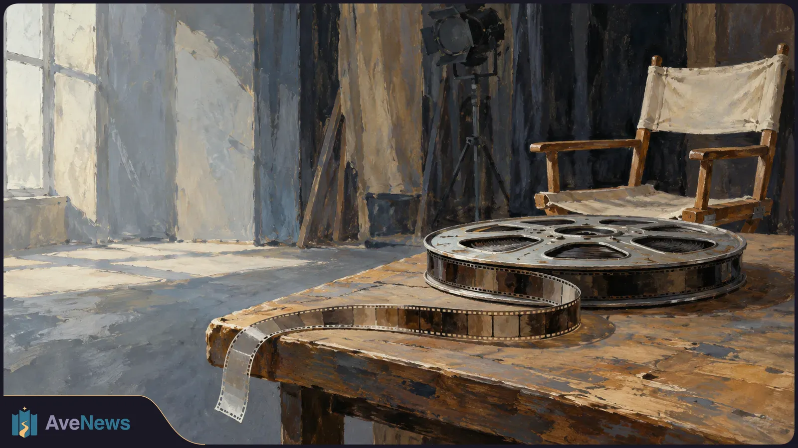 A painted film reel and loose strip of film rest on a wooden table, with a director’s chair and studio light behind them. SI illustration