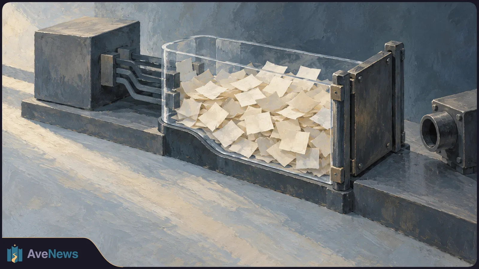 Painted illustration of a clear container filled with pale paper slips, connected by dark cables to box-like devices on either side. SI illustration