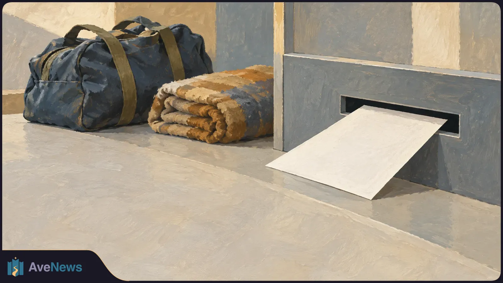 Painted scene of a dark duffel bag and folded blanket beside a gray counter with a blank white sheet protruding from a slot. SI illustration