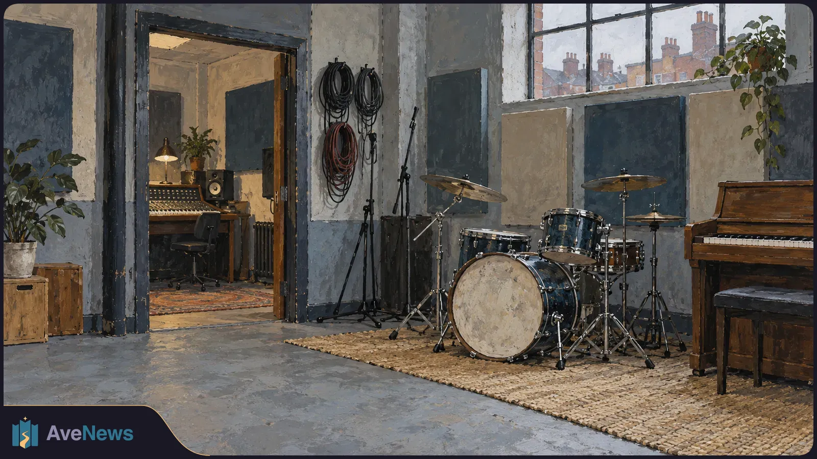 Painted music rehearsal room with a drum kit, upright piano and microphone stands; a mixing desk is visible through an open doorway. SI illustration
