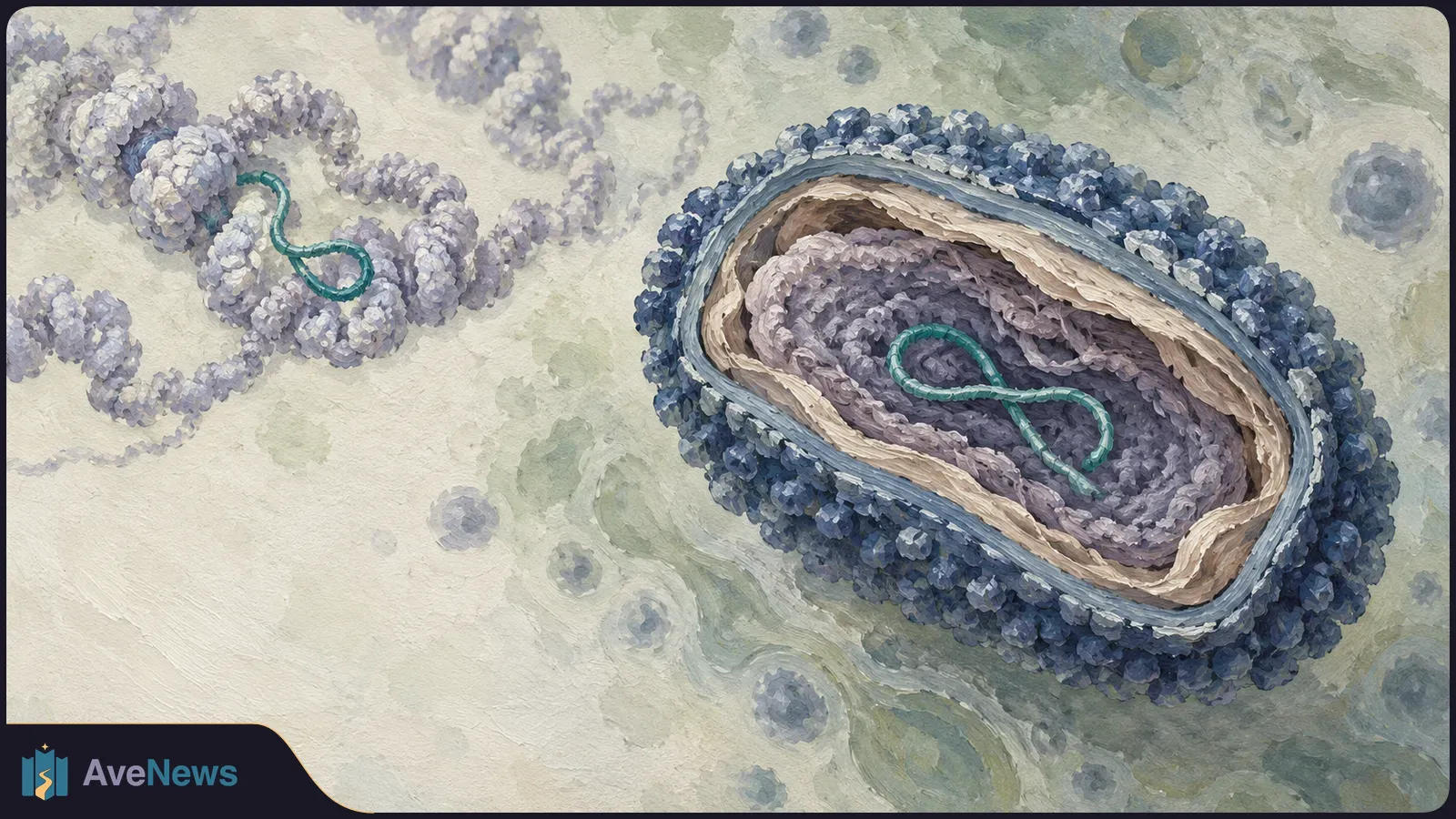 Painted illustration of a cutaway virus with a green loop inside, beside a coiled purple strand containing a similar green loop. SI illustration