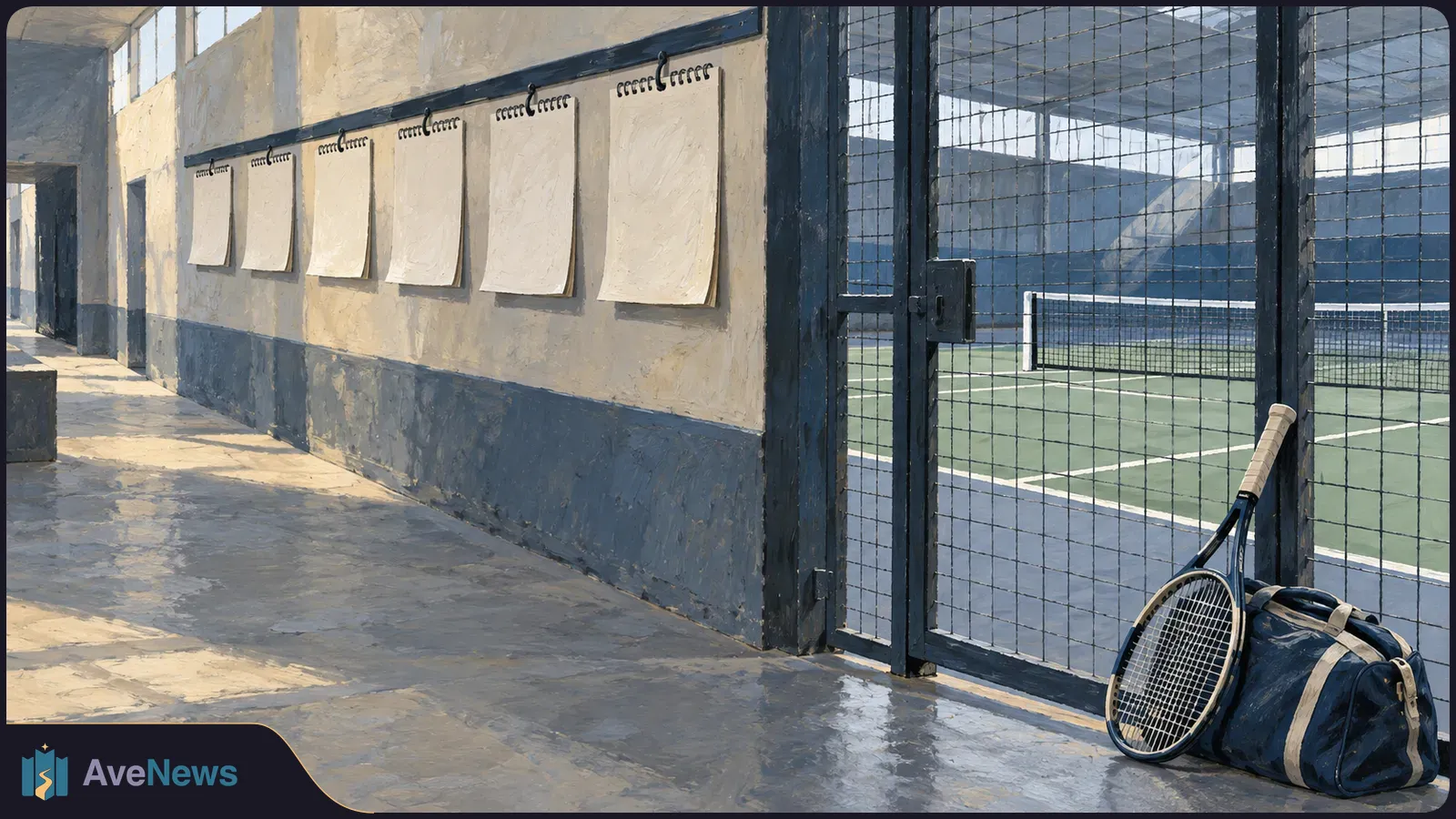 A painted corridor beside a fenced tennis court, with blank sheets on the wall and a racket leaning against a sports bag by the gate. SI illustration