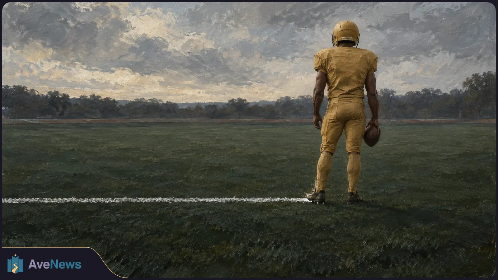 A painted scene shows a football player in gold gear, seen from behind, holding a ball beside a white line on an empty field beneath a cloudy sky. SI illustration