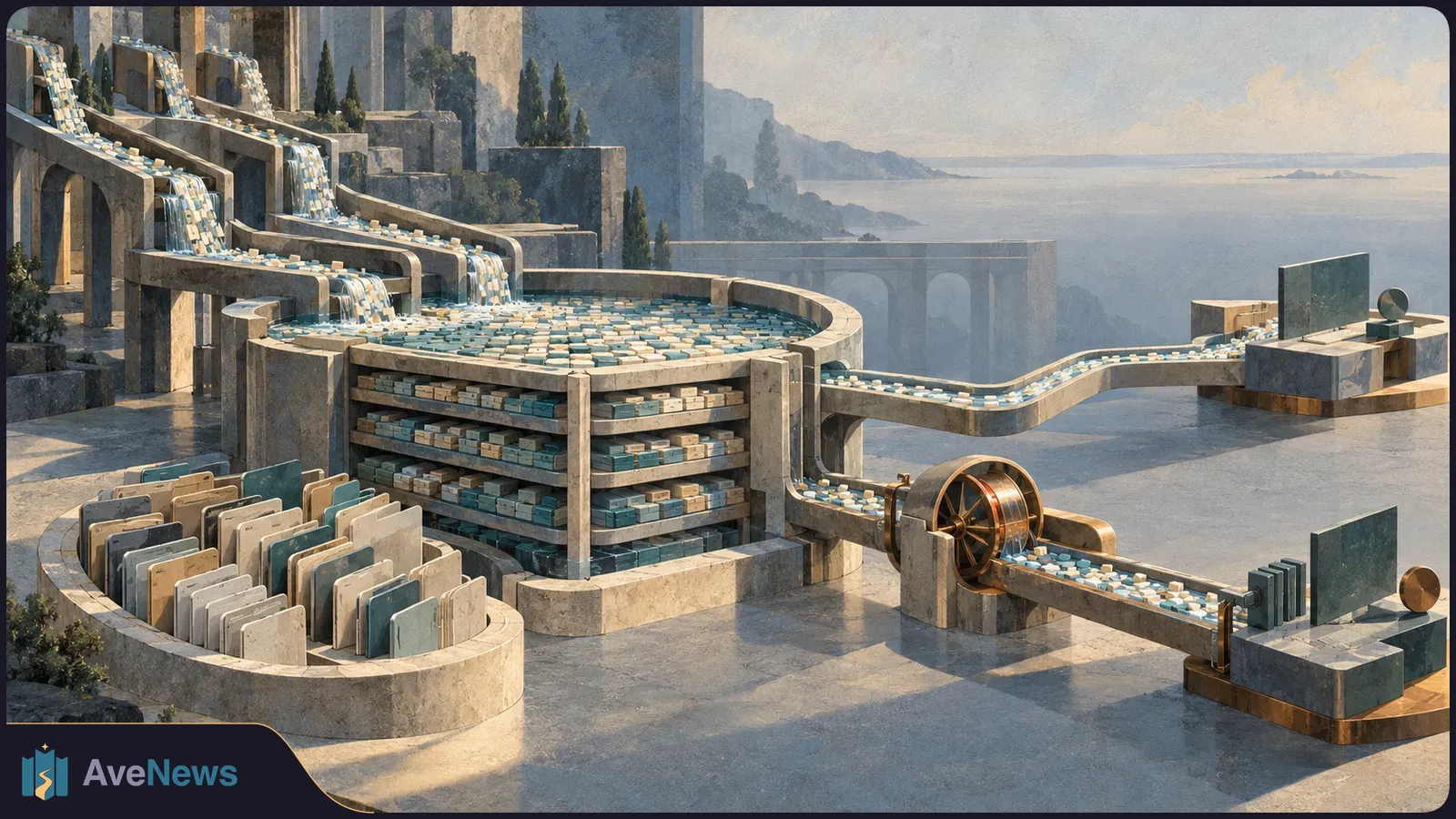 Illustrated stone conveyor system by the sea, with small blue and cream blocks cascading into a round basin, stacking on shelves and moving along branching tracks. SI illustration