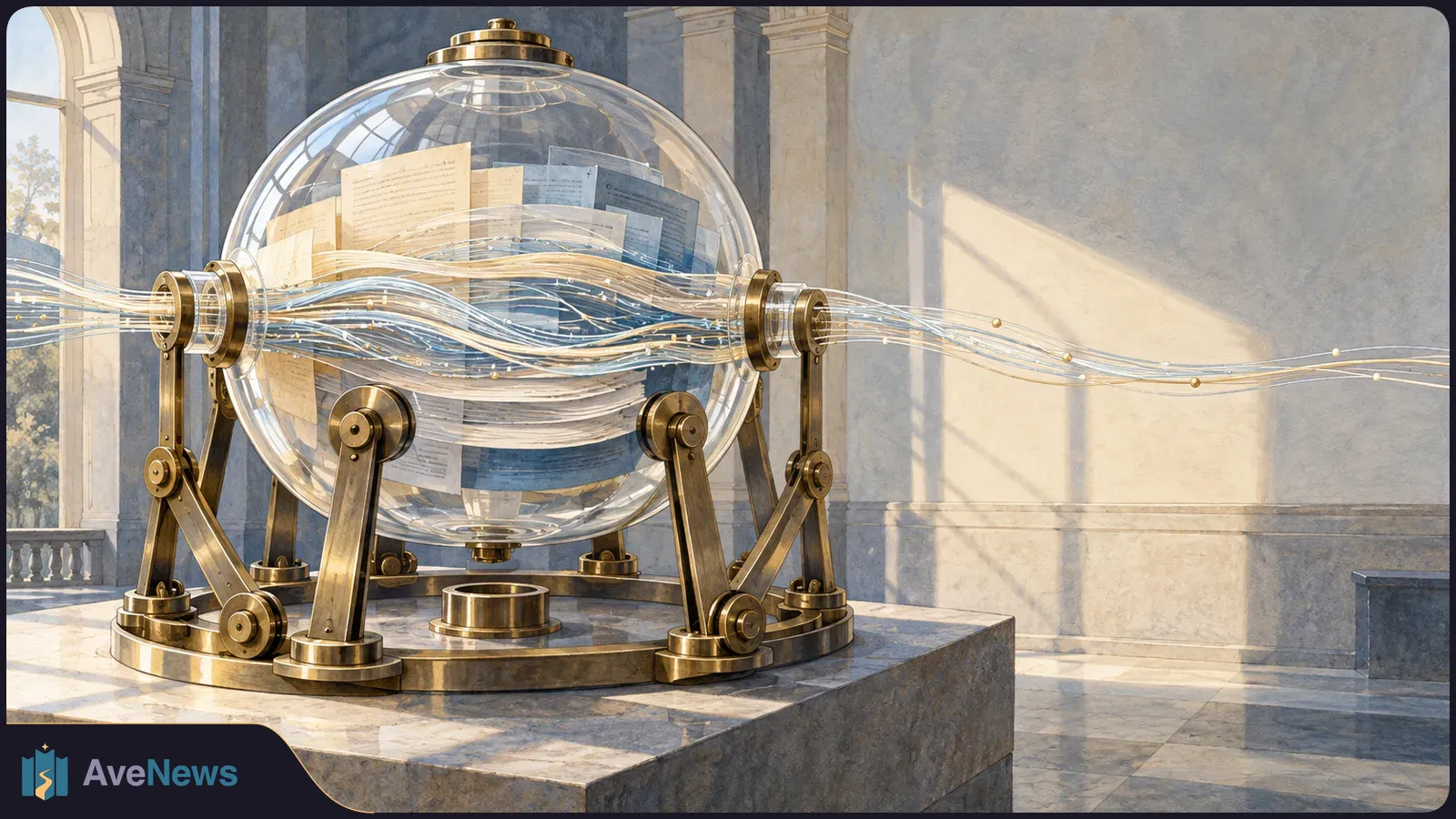 Documents inside a glass sphere on several brass supports, with glowing strands passing through it in a sunlit stone hall. SI illustration