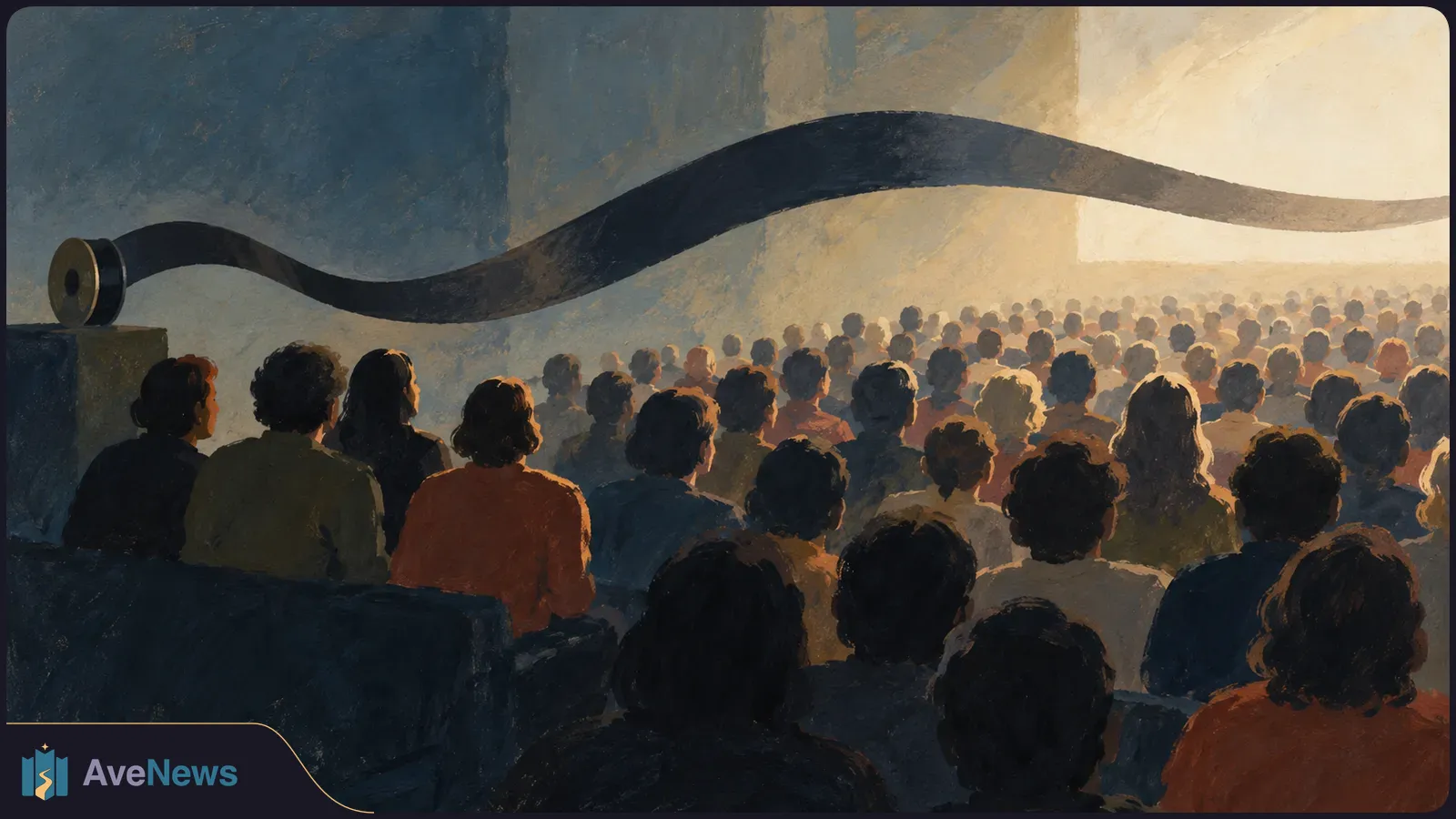 Painted view from behind a seated audience facing a bright screen, with a dark ribbon-like strip sweeping overhead from a reel at left. SI illustration