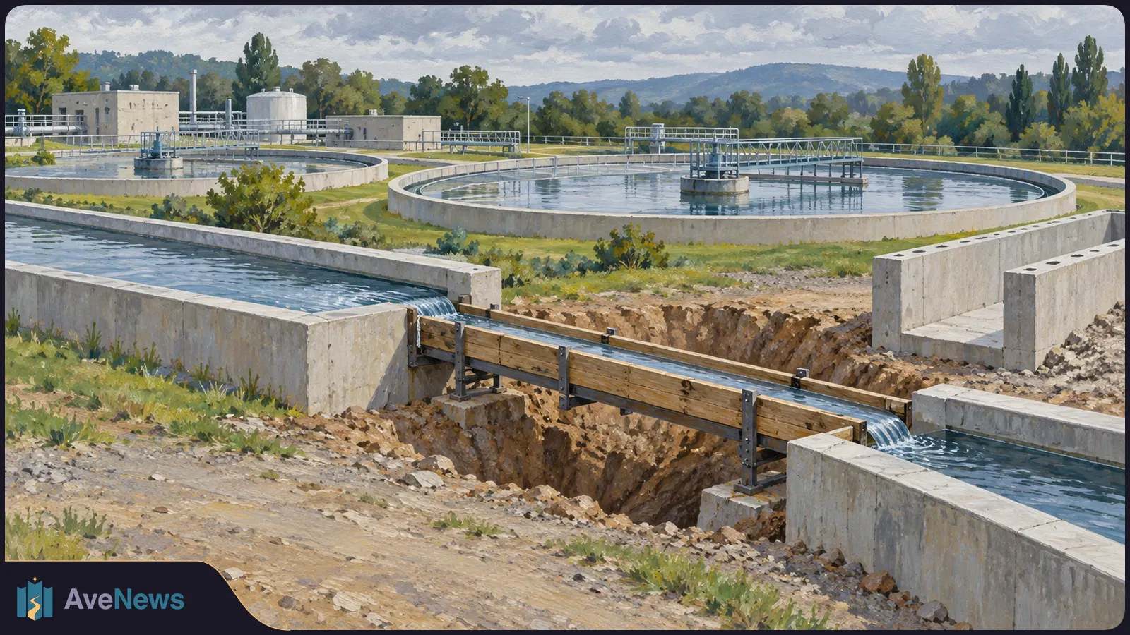 Illustration of circular water-treatment tanks and a water channel crossing an excavated trench, with trees and hills behind. SI illustration