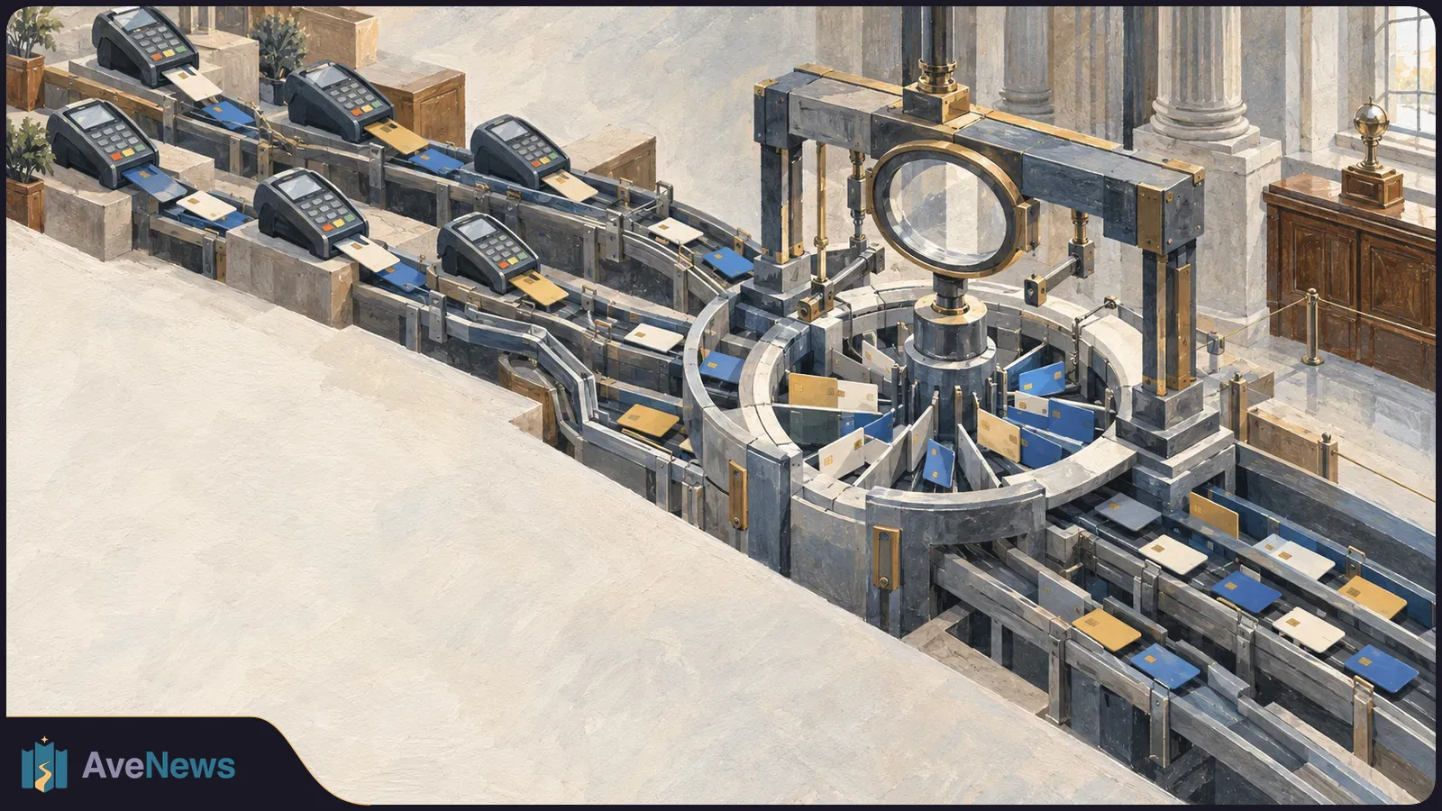 Illustration of payment cards moving along conveyor belts past card terminals and beneath a large magnifying lens in a columned hall. SI illustration