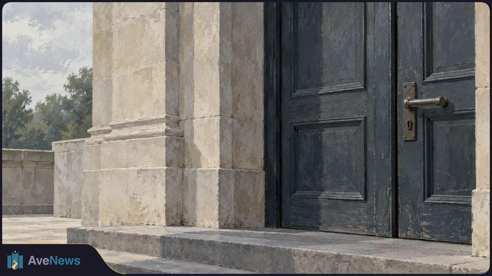 Dark paneled double doors with a metal handle stand above stone steps in a pale stone building; trees are visible to the left. SI illustration