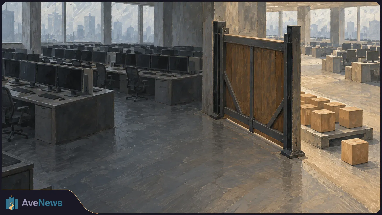 Painted scene of an empty office with rows of dark computer screens, a large wooden barrier, and scattered boxes beyond it. SI illustration