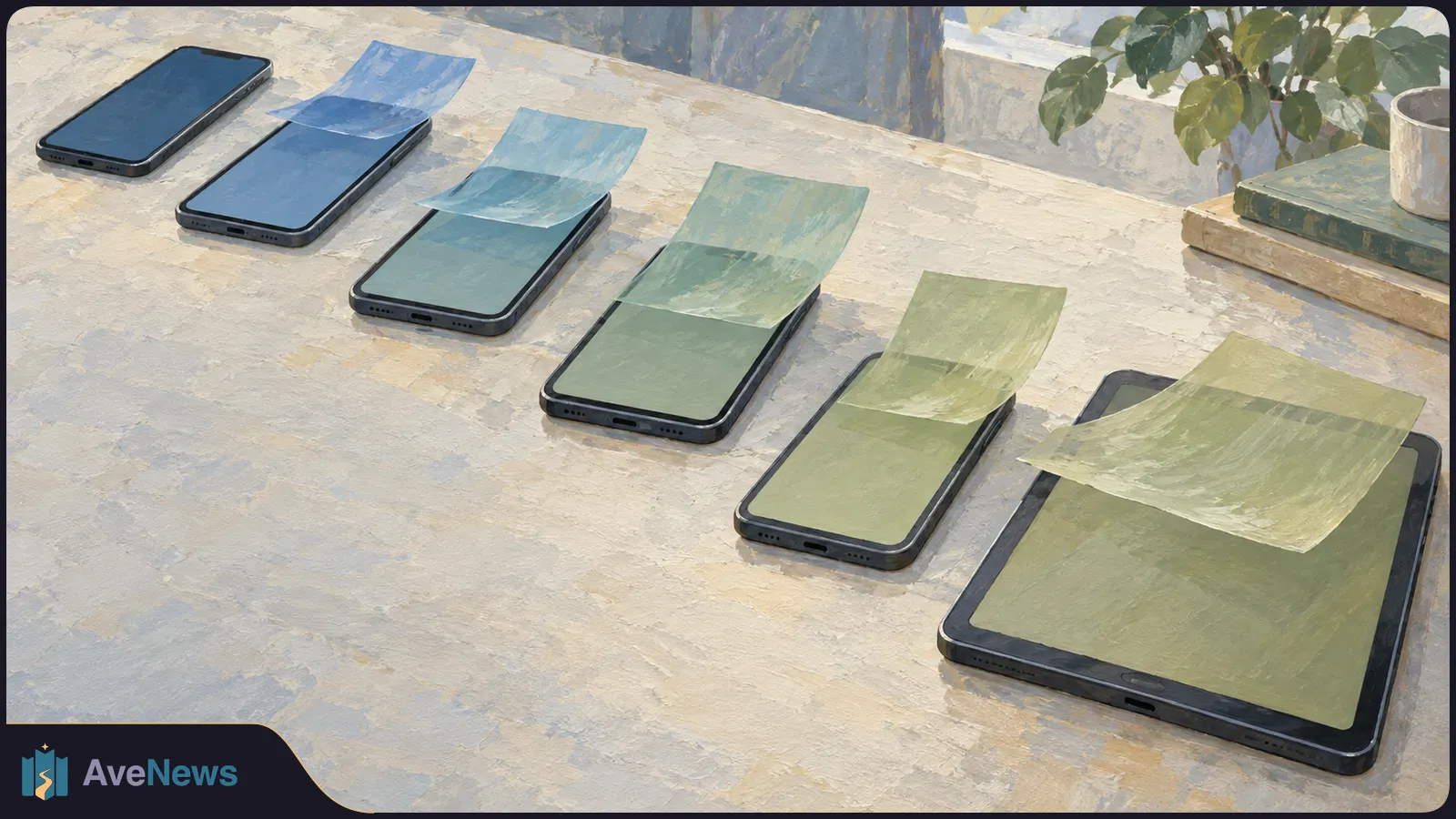 A painted scene of five phones and a larger tablet lined up on a pale table. Translucent blue and green sheets curl over five blank screens; books and a plant sit nearby. SI illustration