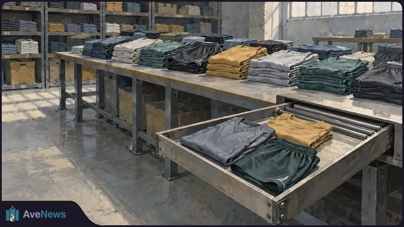 Folded shirts and shorts in gray, green and mustard are stacked on metal tables and shelves in a sunlit storage room. SI illustration