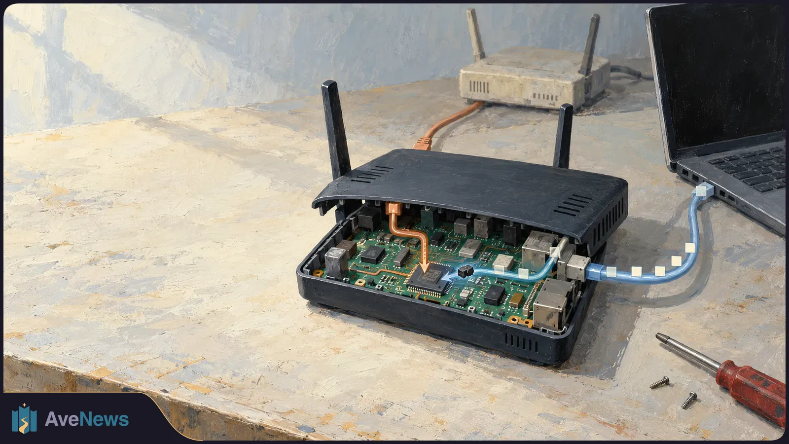 Painted scene of an opened black router exposing its circuit board. Orange and blue cables lead from another router and a laptop toward its central chip; a screwdriver lies nearby. SI illustration