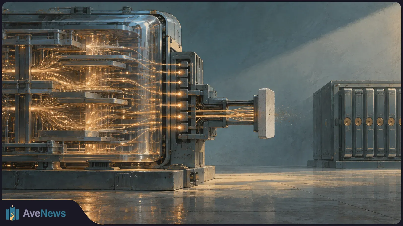 A glass-fronted machine filled with glowing gold filaments connects to a small block; a row of dark cabinets stands farther back. SI illustration