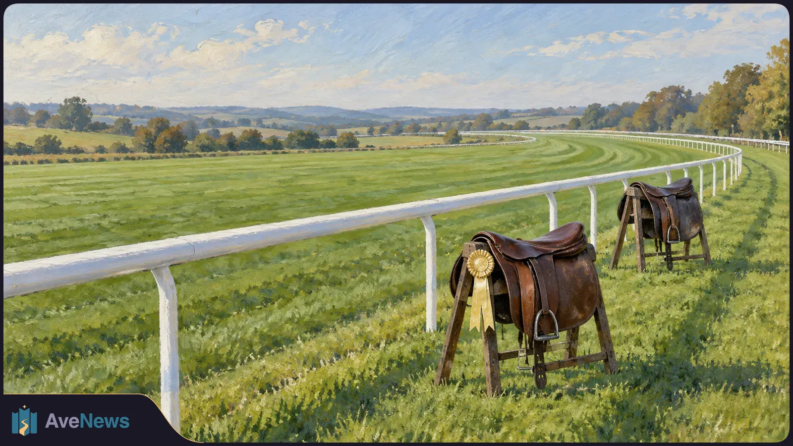 A painted view of a green racecourse and curving white rail. Two saddles rest on wooden stands beside it; a gold rosette hangs from the nearer one. SI illustration