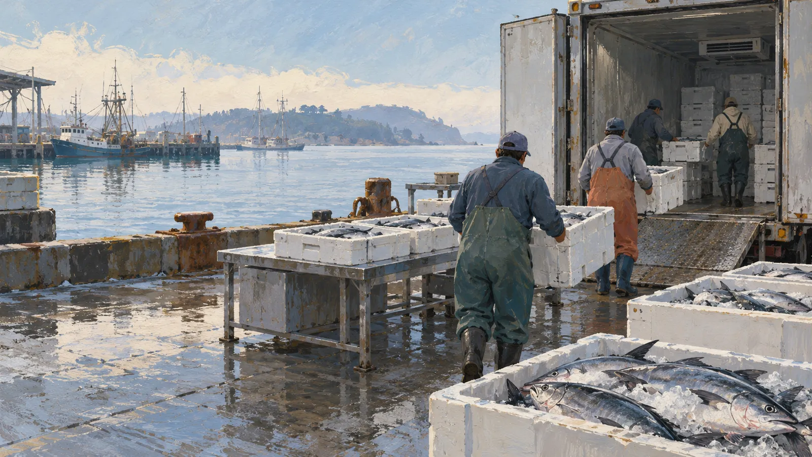 Workers carry white crates of fish toward an open truck on a wet harbor dock, with fishing boats across the water and fish on ice in the foreground. SI illustration