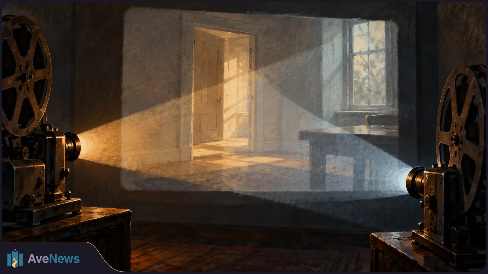 Two vintage film projectors cast intersecting beams onto a screen showing a sunlit room with an open door and window. SI illustration