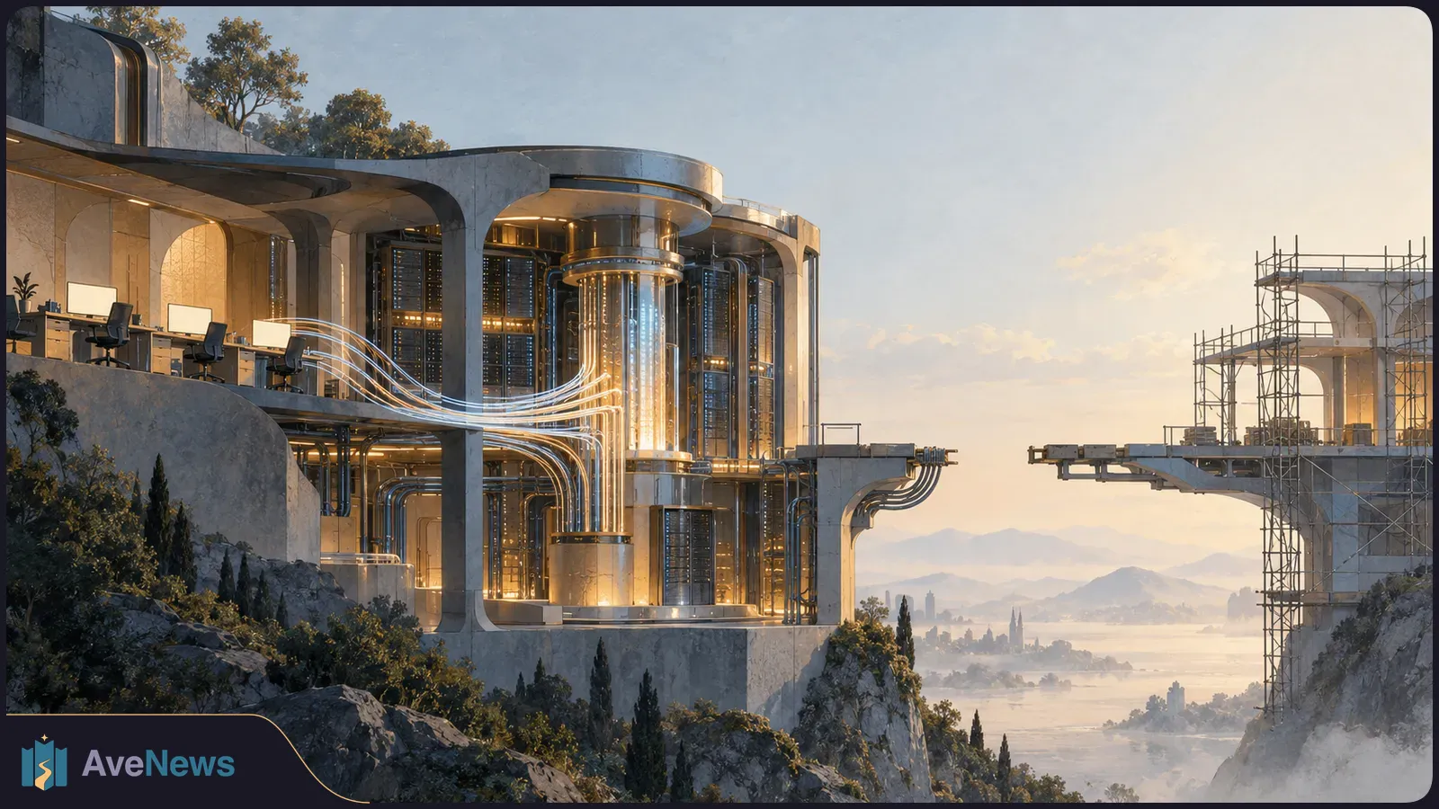 A futuristic server facility on a rocky cliff, with lit server racks, desks and glowing cables. An unfinished, scaffolded building stands across the gap. SI illustration