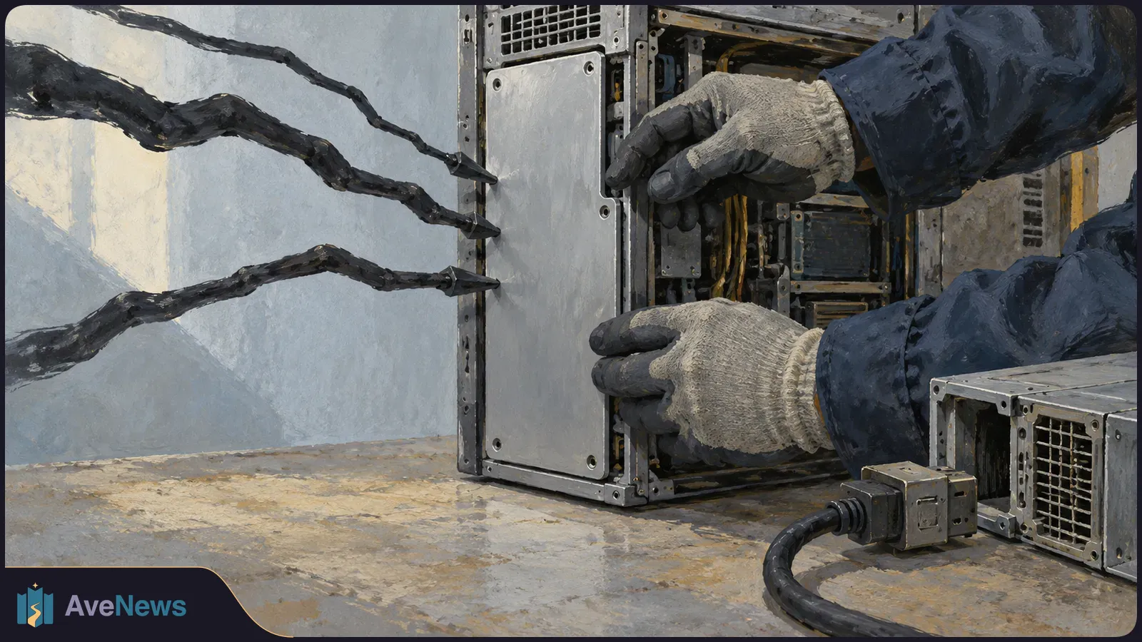 Illustration of gloved hands working on an open server unit, with three jagged dark lines pointing toward it from the left. SI illustration