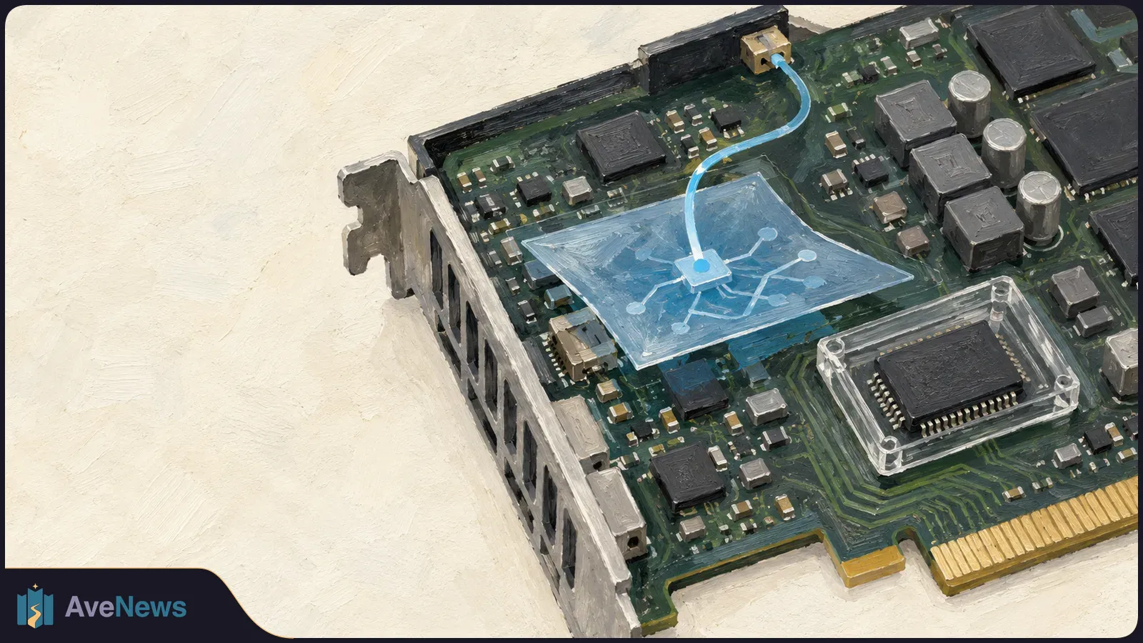 Painted close-up of a graphics card circuit board with chips, gold contacts and a blue diagram-like sheet connected to a port by a curved cable. SI illustration