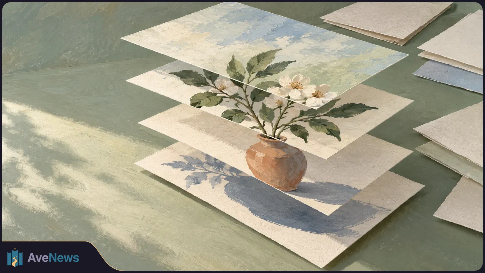 Illustration of white blossoms in a clay vase, divided across floating layers of paper above a green surface. SI illustration