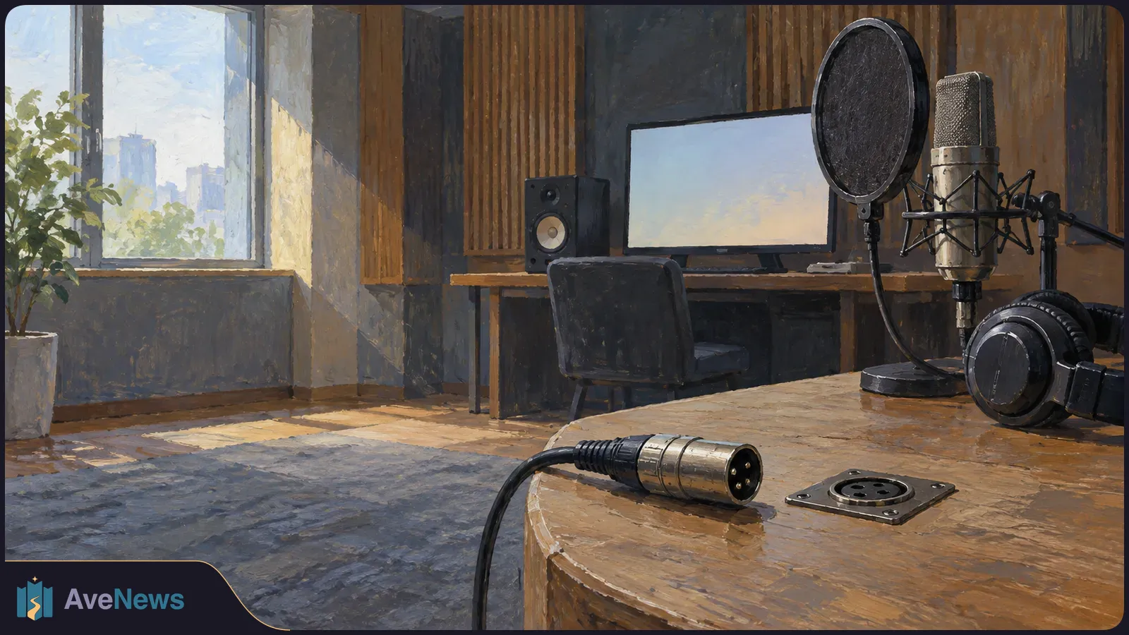 Painted recording studio with a microphone, pop filter, headphones and an unplugged audio cable on a wooden table; a blank monitor sits behind them. SI illustration