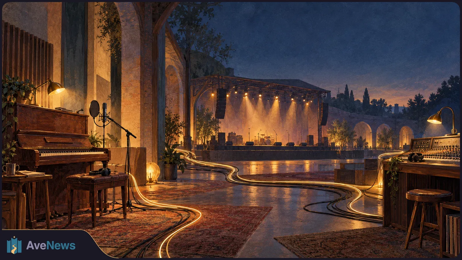 Illustrated music venue at dusk, with a piano and microphone on the left, a mixing desk on the right, and glowing cables leading toward a lit outdoor stage. SI illustration