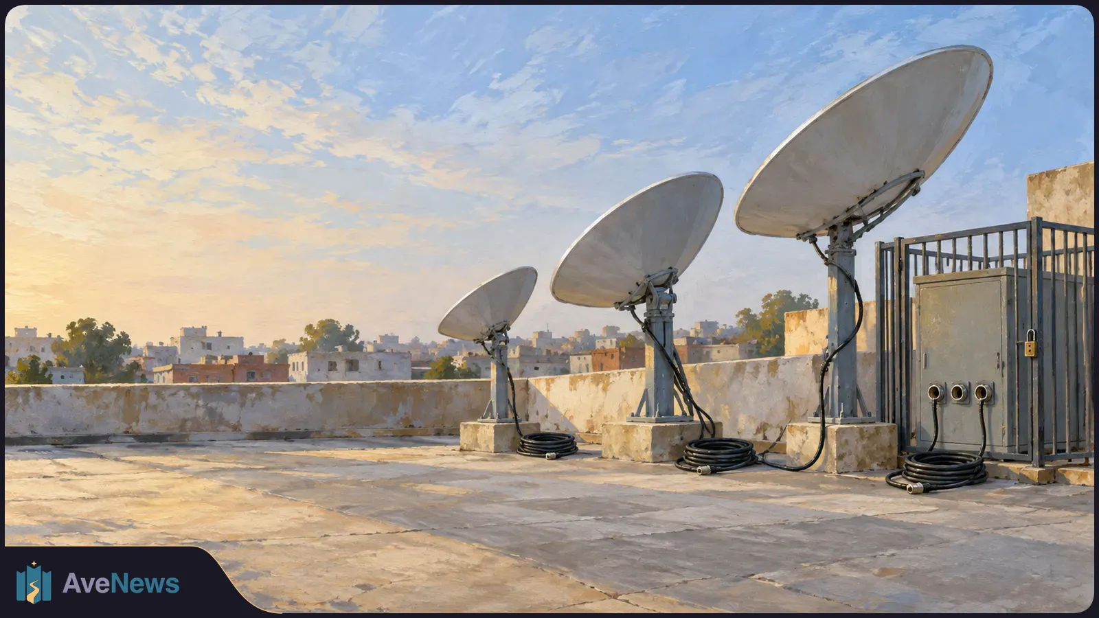 Three satellite dishes stand on a rooftop in warm evening light, with coiled cables and a locked equipment enclosure against a city skyline. SI illustration