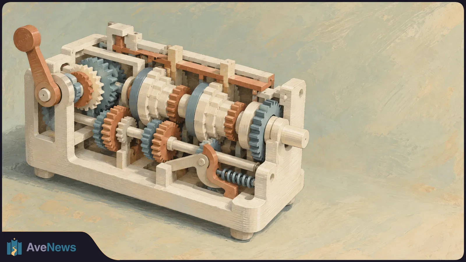 Illustrated mechanical calculator with exposed cream, blue and copper gears, two stepped drums and a hand crank against a pale textured background. SI illustration