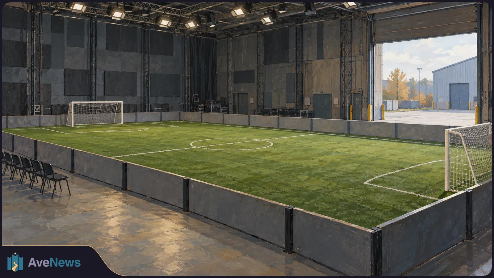 An empty small-sided football pitch with two goals sits beneath studio lighting rigs. An open loading door reveals the outdoors. SI illustration