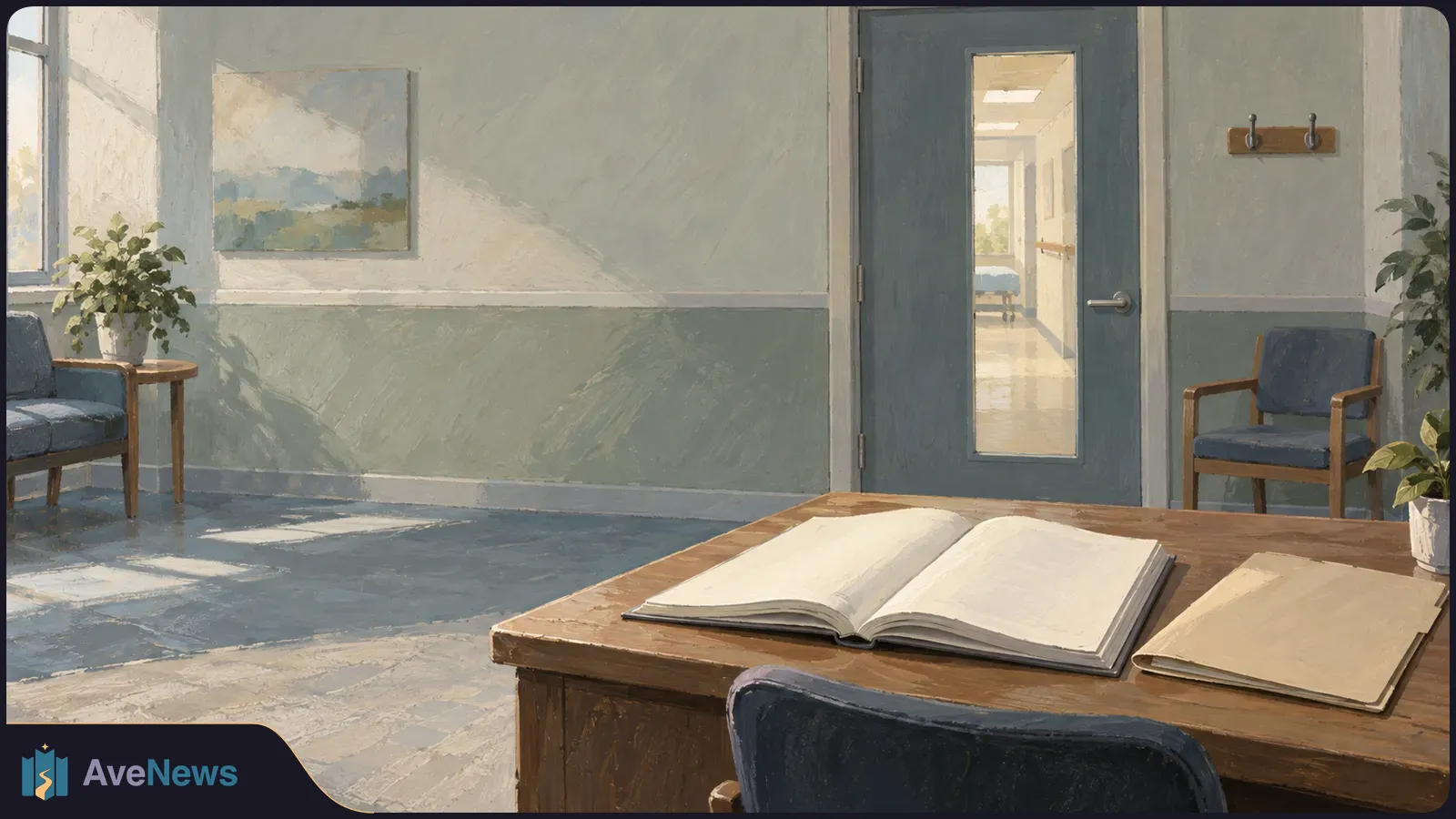 Painted waiting room with blue chairs, potted plants and a door to a corridor; an open blank book and a folder sit on a wooden desk. SI illustration