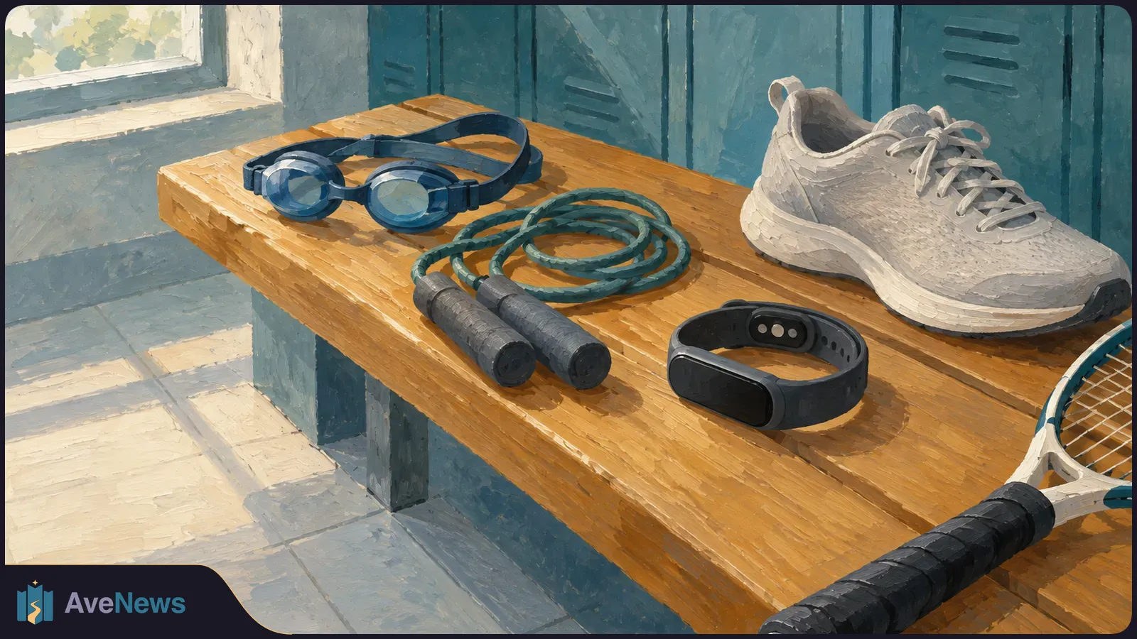Painted illustration of a fitness tracker, jump rope, goggles, a sneaker and part of a racket on a wooden bench by lockers. SI illustration