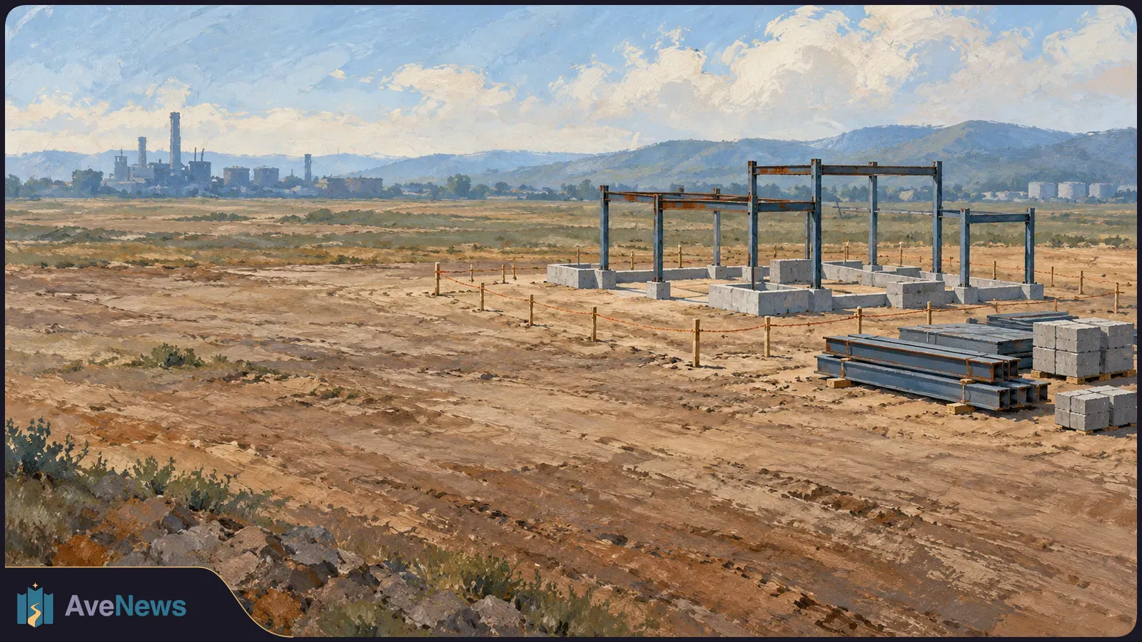 Painting of a dusty construction site with partial steel frames, stacked beams and concrete blocks; an industrial complex and hills sit in the distance. SI illustration